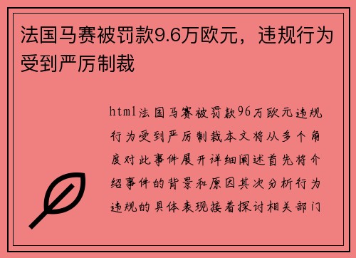 法国马赛被罚款9.6万欧元，违规行为受到严厉制裁
